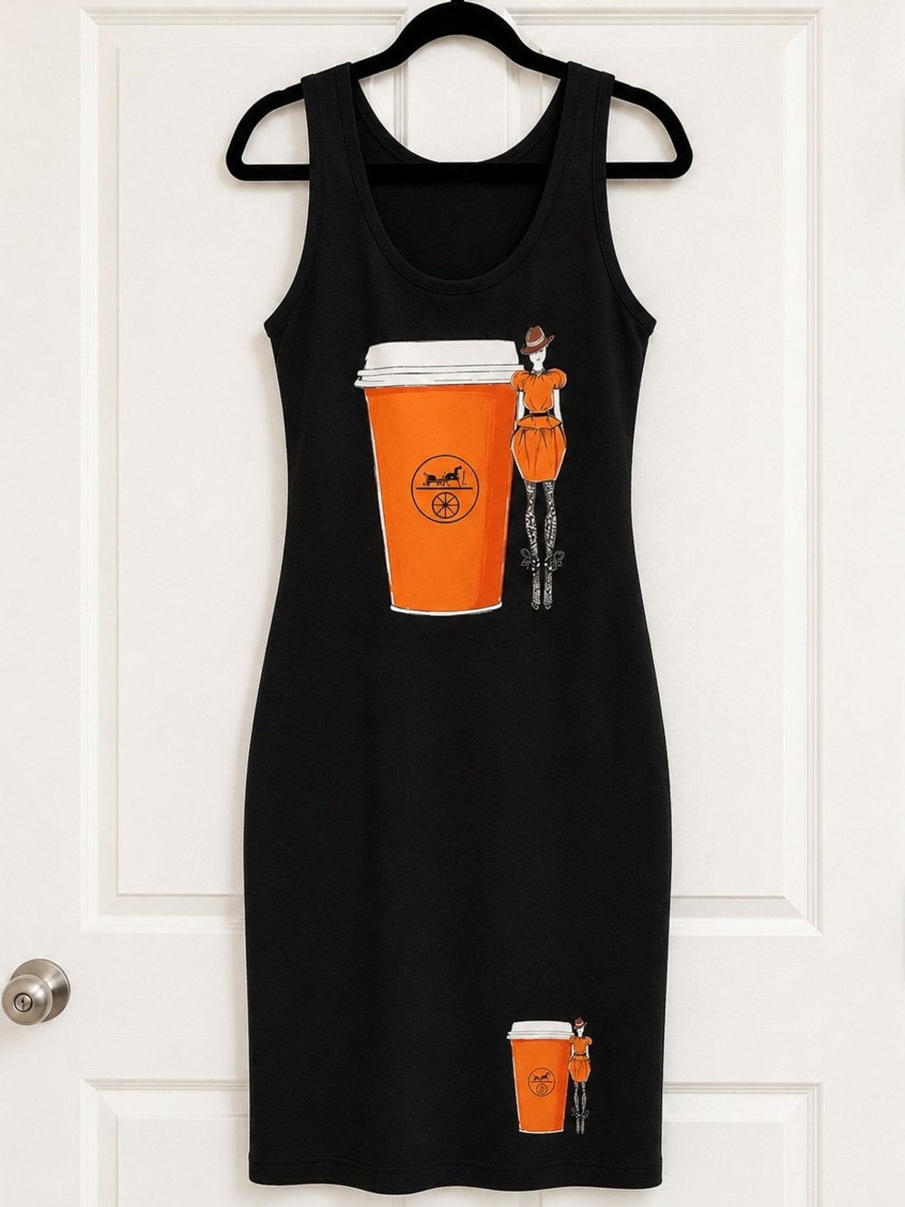 Black Midi Tank Dress with Orange Coffee Cup Graphic